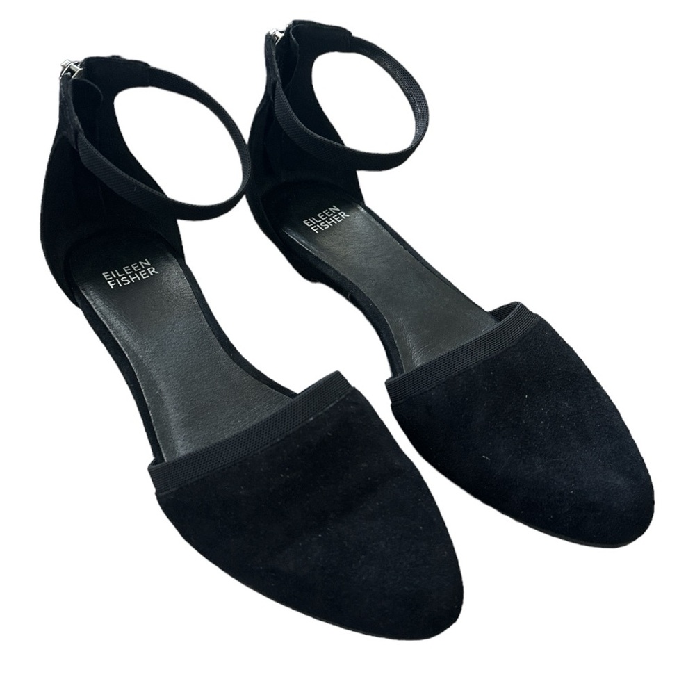 Eileen Fisher Black Suede Pointed Ankle-Strap Low Heels